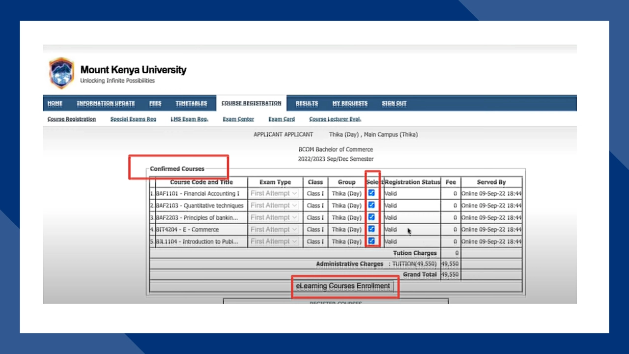 confirm selected courses mku student portal