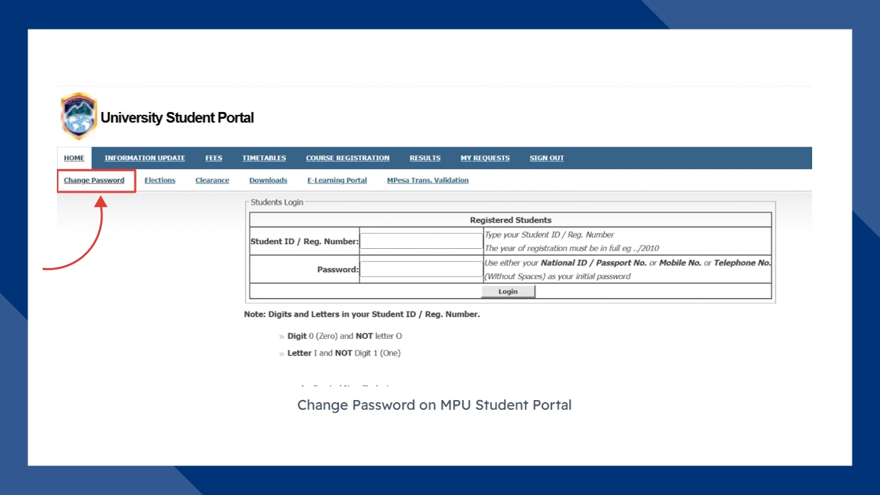 Step two to Choose the Change Password Option at MKU Portal Online