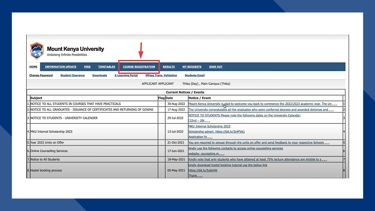 Step two Open Course Registration