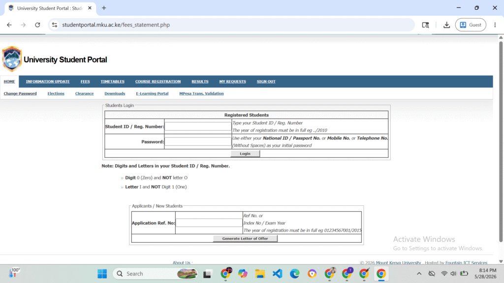 Mku student portal fee payment and structure